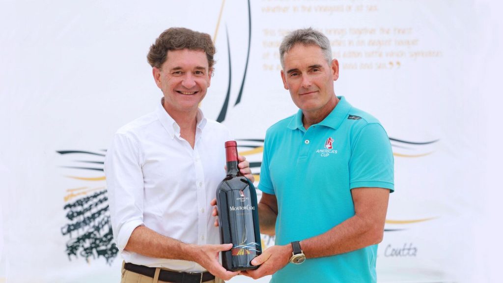 Philip Sereys de Rothschild and Sir Russell Coutts with Mouton Cadet America's Cup Cuvée at The America's Cup in Bermuda